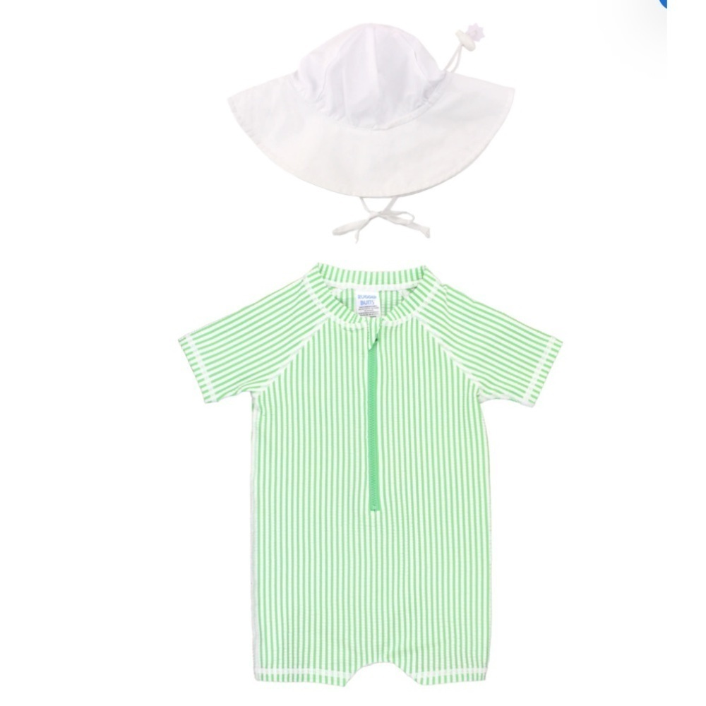 RuggedButts Stripe One Piece Rashguard Swimsuit Hat Set GREEN SEERSUCKER 12-18M